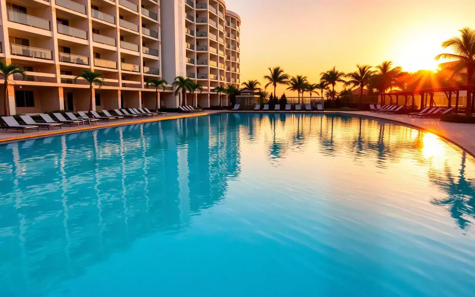 Infinity-style Olympic size swimming pool at sunset